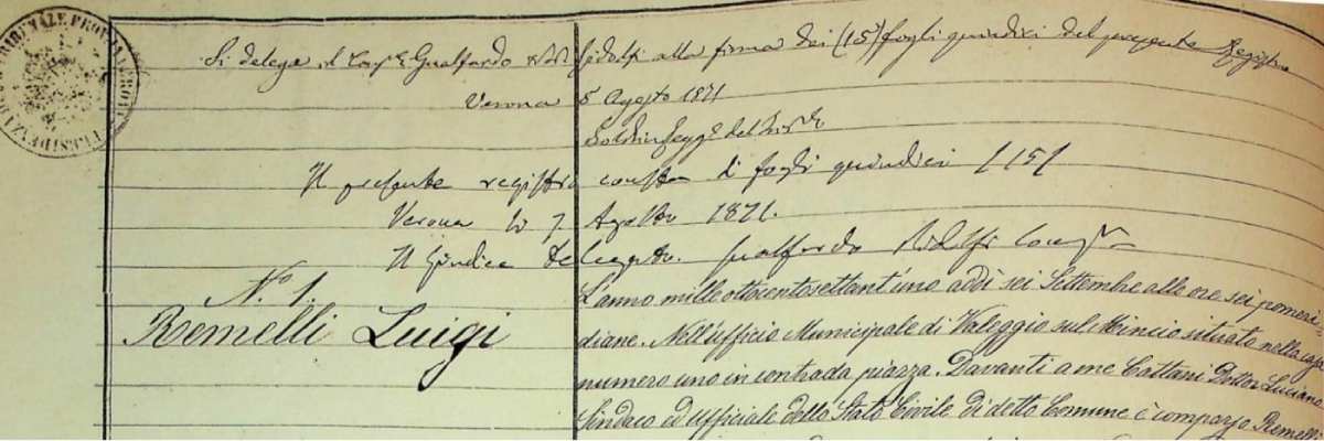 Storico registro del 1871 dell'anagrafe di Valeggio sul Mincio.